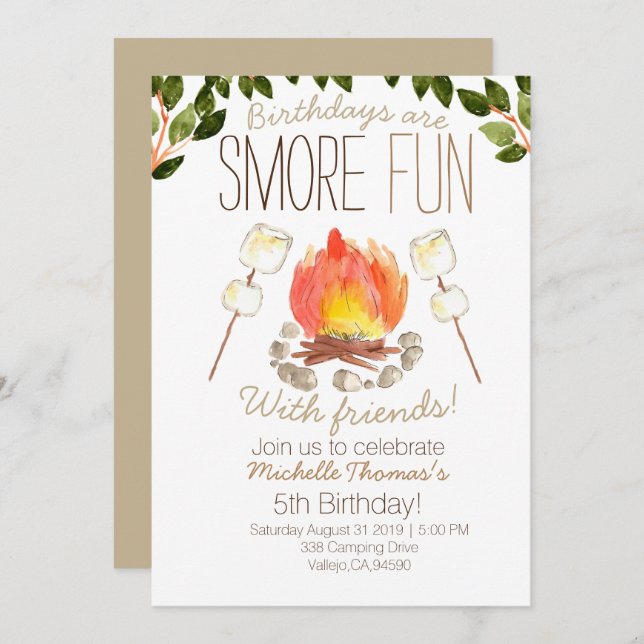 Smore campfire camping birthday invitation (Front/Back)