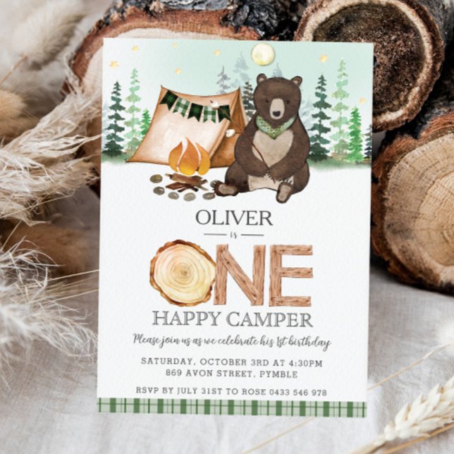 S'more Camping Bear ONE Happy Camper 1st Birthday Invitation (Creator Uploaded)