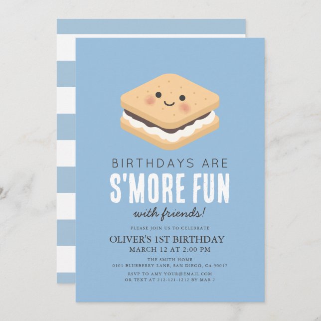 S'more Fun Kawaii Blue Boy 1st Birthday Invitation (Front/Back)