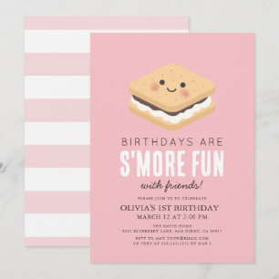 S'more Fun Kawaii Pink Girl 1st Birthday Invitation