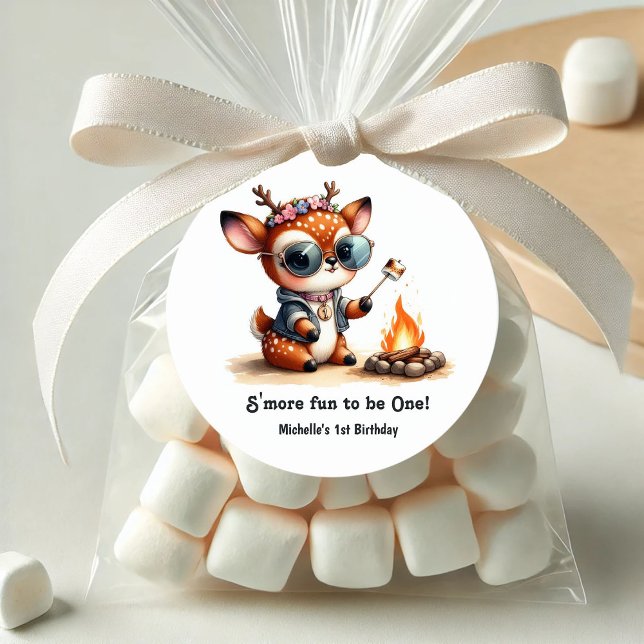 "S'more Fun to Be One!" Deer Camping 1st Birthday Classic Round Sticker ("S'more Fun to Be One!" Deer Camping 1st Birthday Classic Round Sticker)