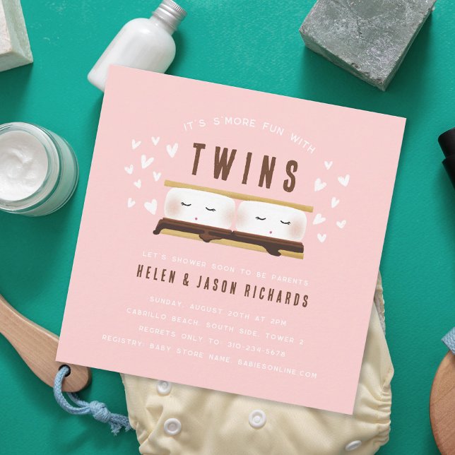 S'more fun with Twins Baby Shower Pink Invitation (Creator Uploaded)
