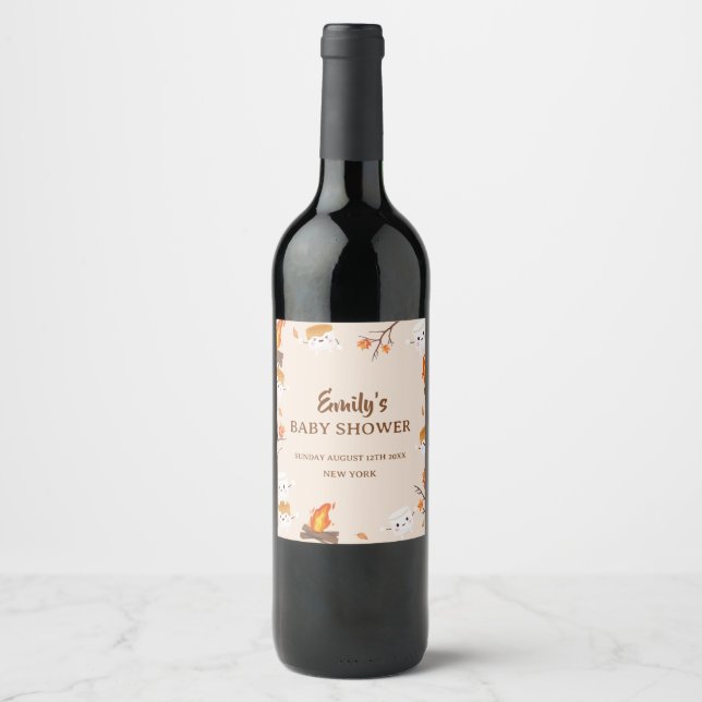 S'more Love Fall Rustic Camping Baby Shower  Wine Label (Front)