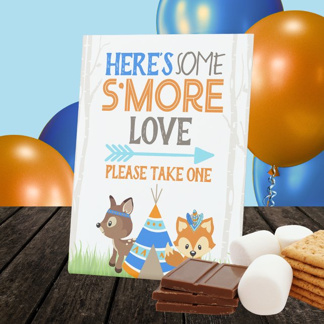 S'more Love Woodland Camper Party Pedestal Sign (Woodland Forest Animals Smore Love Party Favor Pedestal Sign. Featuring an adorable fox and dear)