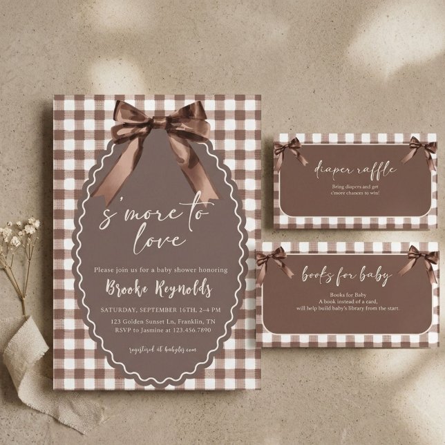 S'more to Love Brown Gingham Bow Baby Shower  Invitation (Creator Uploaded)