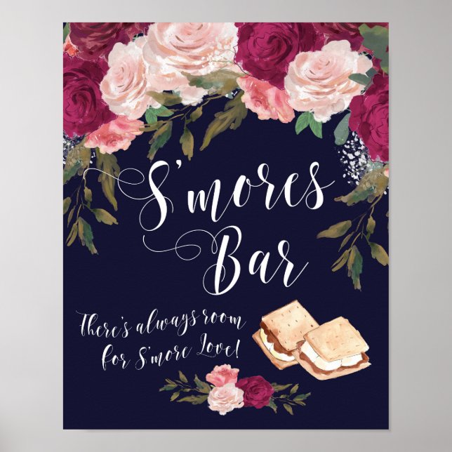 Smores Bar sign navy floral wedding (Front)
