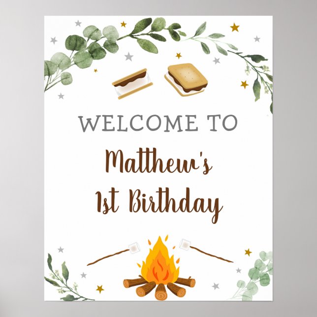 S'mores Camping Campfire Greenery Birthday Welcome Poster (Front)