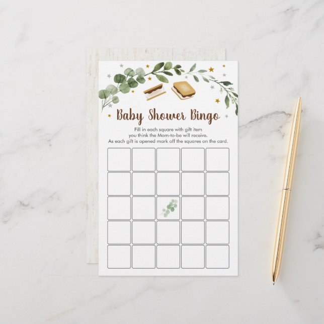 S'mores Greenery Baby Shower Bingo Game (Front/Back In Situ)