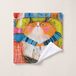 Smug Orange Tabby Cat Drinking Coffee Bath Towel Set