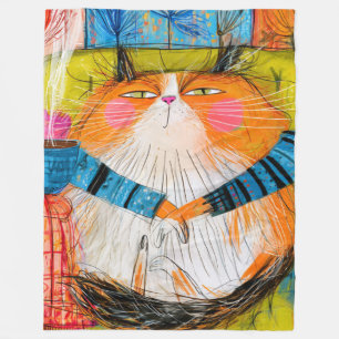 Smug Orange Tabby Cat Drinking Coffee Fleece Blanket