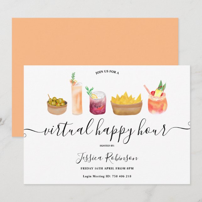 Snacks cocktails watercolor virtual happy hours invitation (Front/Back)