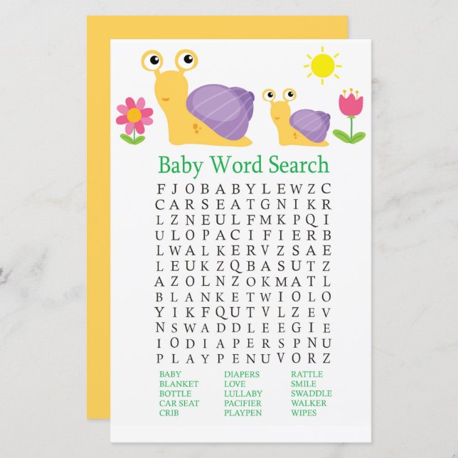 Snail Baby Shower Word Search Game (Front/Back)