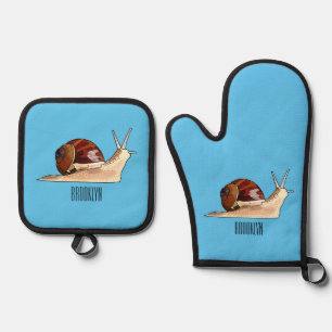 Snail cartoon illustration oven mitt & pot holder set