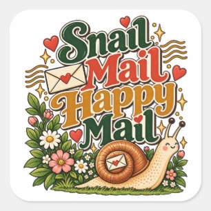Snail Mail Happy Mail Cute Retro Snail Floral Squa Square Sticker