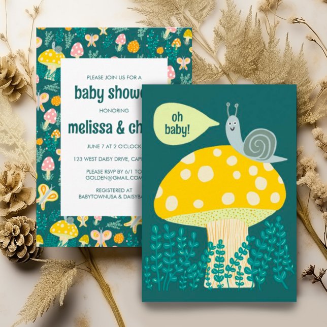 Snail Mushroom Cute Adorable CUSTOM BABY SHOWER  Invitation (Cute snail, mushroom, ladybug and butterfly colorful custom baby shower invitation. Gender neutral)
