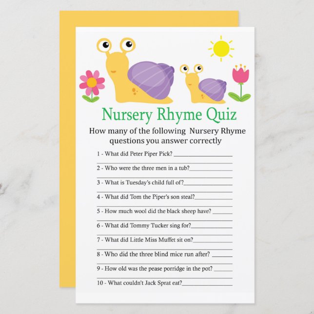 Snail Nursery Rhyme Quiz baby shower game (Front/Back)