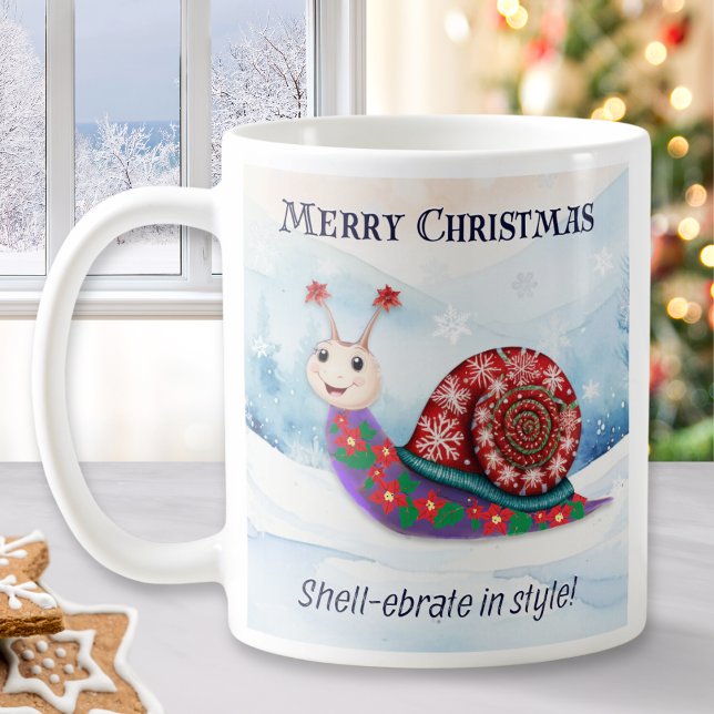 Snail Pun Humour Funny Merry Christmas Personalise Coffee Mug (A funny Christmas mug with picture of a snail wearing a festive patterned sweater on a snowy day)
