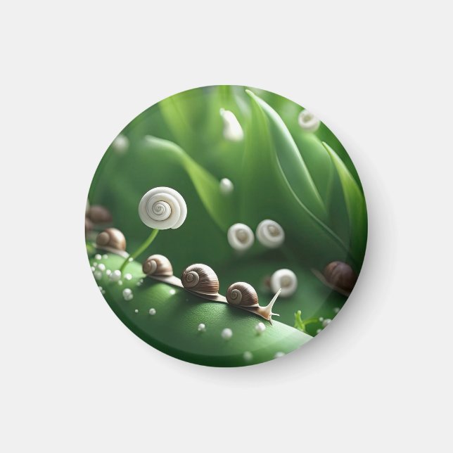 Snails lined up on green plants magnet (Front)