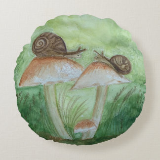 Snails on Mushrooms, Sage Background Round Pillow