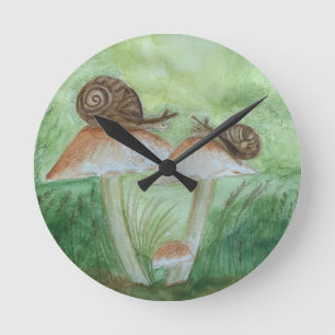Snails on Mushrooms, Sage Background Wall Clock