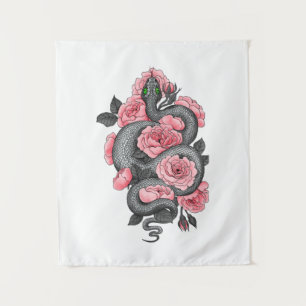 Snake and peach roses tapestry