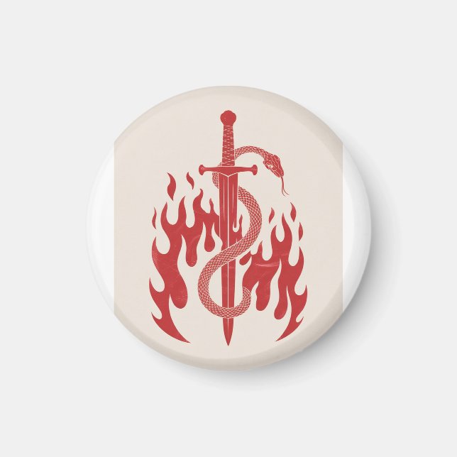 Snake and Sword Risograph Art Print | Red Flame  Magnet (Front)