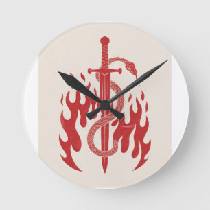Snake and Sword Risograph Art Print Red Flame Round Clock
