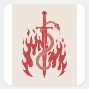 Snake and Sword Risograph Art Print Red Flame Square Sticker
