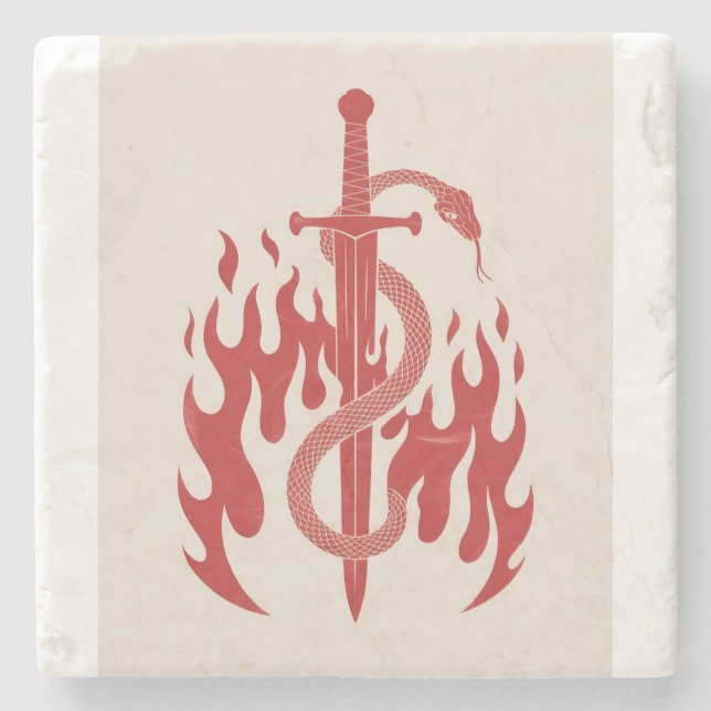 Snake and Sword Risograph Art Print | Red Flame  Stone Coaster (Front)