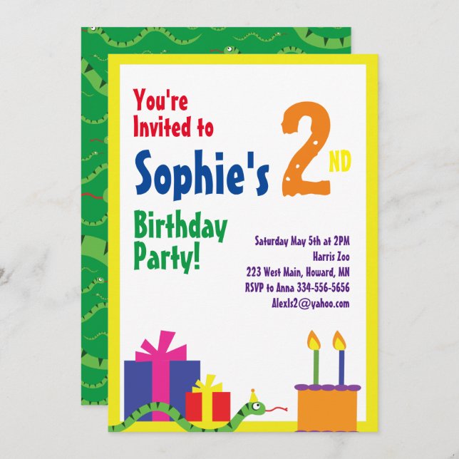 Snake Animal Kid's Birthday Party Invitations (Front/Back)