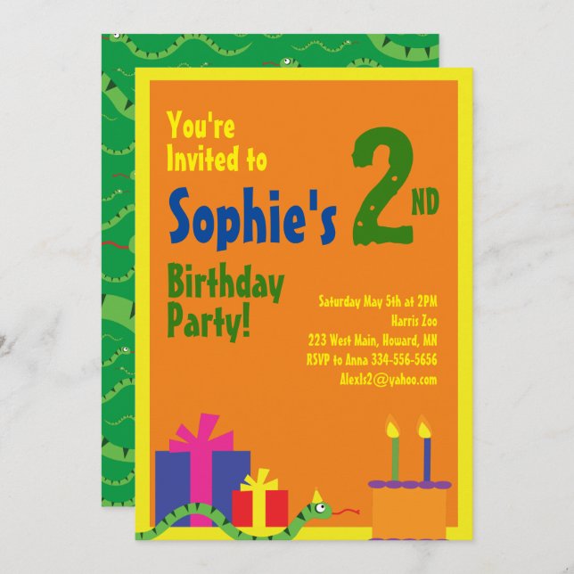 Snake Animal Kid's Birthday Party Invitations (Front/Back)