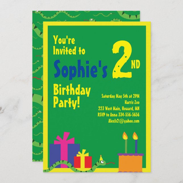 Snake Animal Kid's Birthday Party Invitations (Front/Back)