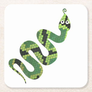 Snake Black and Green Print Silhouette Square Paper Coaster