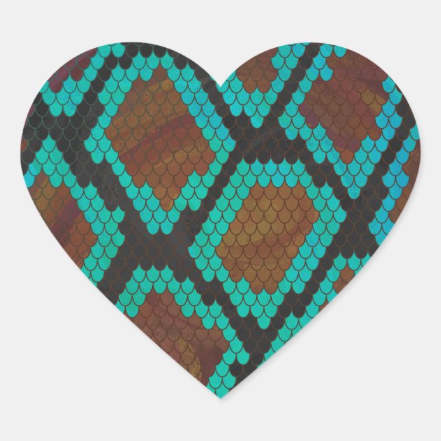 Snake Brown and Teal Print Heart Sticker (Front)
