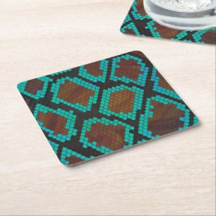 Snake Brown and Teal Print Square Paper Coaster