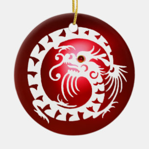 SNAKE DRAGON Black and White Red Ruby Ceramic Tree Decoration