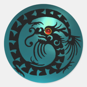 SNAKE  DRAGON  black,aquamarine blue,red ruby Classic Round Sticker