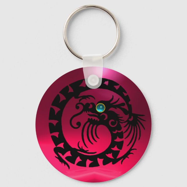 SNAKE DRAGON,black,blue aquamarine,red pink ruby Key Ring (Front)