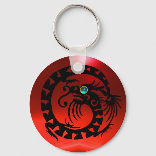 SNAKE DRAGON,black,blue aquamarine,red ruby Key Ring (Front)