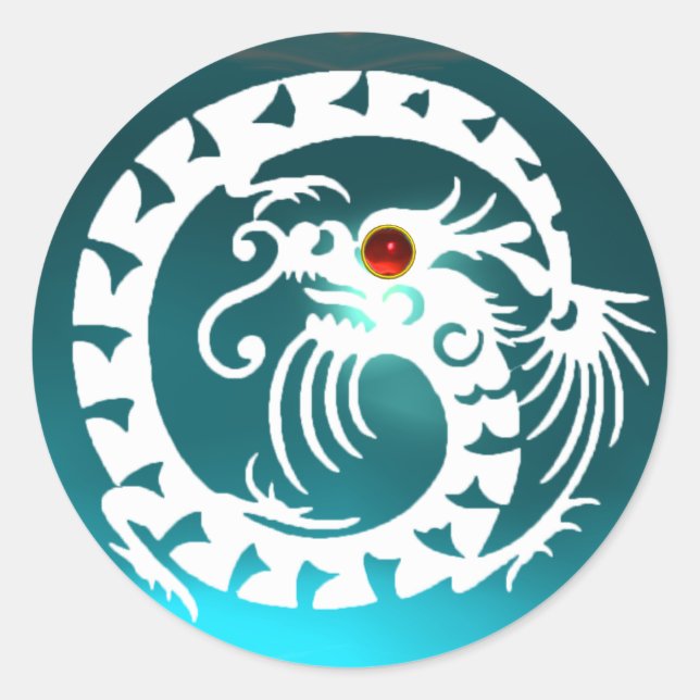 SNAKE  DRAGON  white,aquamarine blue,red ruby Classic Round Sticker (Front)