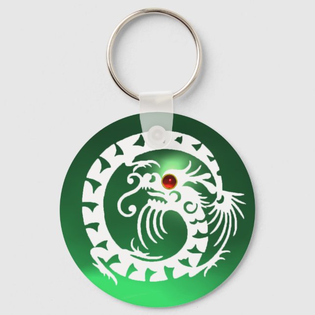 SNAKE DRAGON,white,red  ruby, green jade Key Ring (Front)