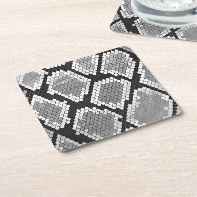 Snake Grey and Light Grey Print Square Paper Coaster (Angled)