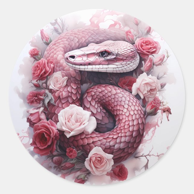 Snake in Roses Watercolor Goth  Classic Round Sticker (Front)