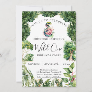 Snake Jungle Wild One Girl 1st Birthday Invitation