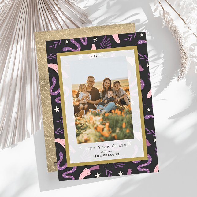 Snake & Mushroom Black 2 Photo Chinese New Year Holiday Card (Creator Uploaded)