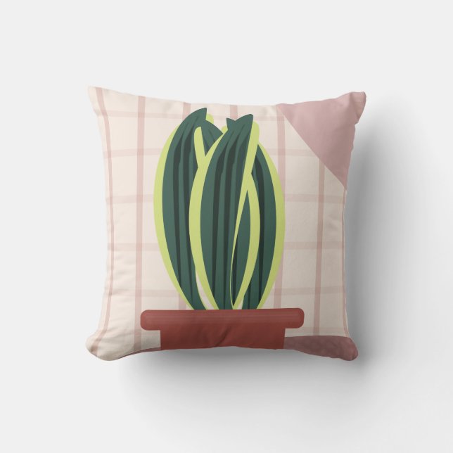 Snake Plants on Plaid Blush Background Pink Cushion (Front)