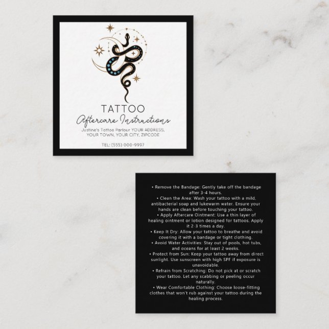 Snake Tattoo Aftercare Instructions Stylish  Square Business Card (Front/Back)