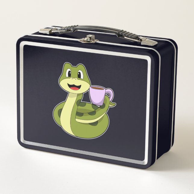 Snake with Cup of Coffee Metal Lunch Box (Front)