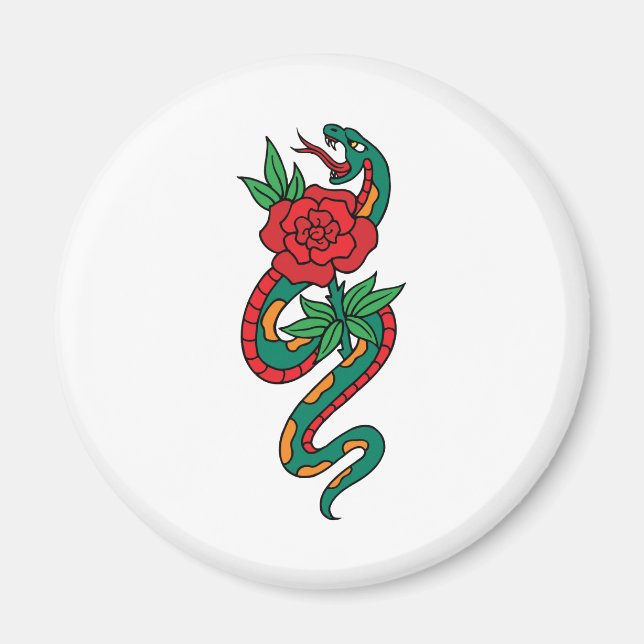 Snake Wrapped Around a Red Rose Tattoo Art Magnet (Front)