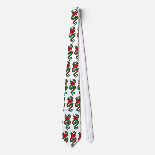 Snake Wrapped Around a Red Rose Tattoo Art Tie (Front)